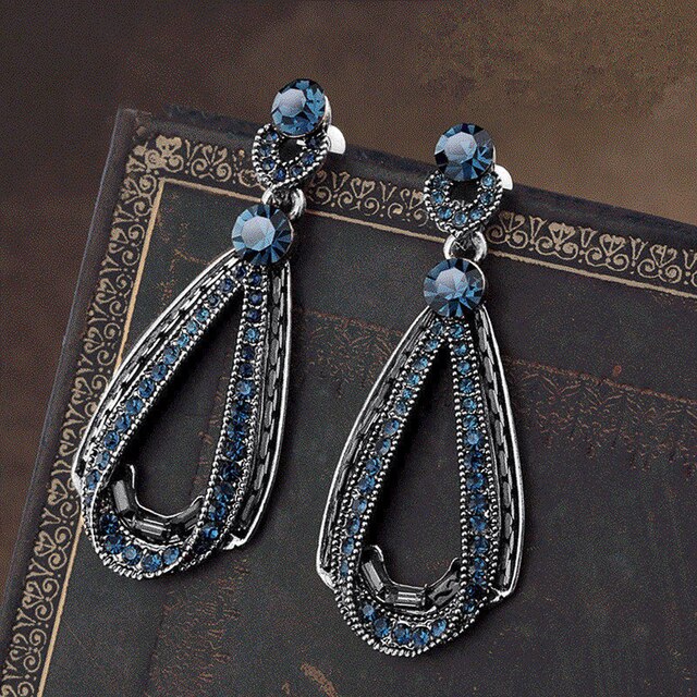 Vintage Style Drop Earrings with Blue Crystals set in Antique Silver Look Studs